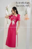 Áo dài taffa cổ yếm hồng sen đính kết thủ công