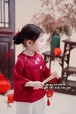 Bộ gấm thêu bé gái hàng thiết kê ( áo đỏ, quần lụa trắng)