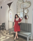 Đầm tweed kẻ đỏ cổ  ren trắng <65kg