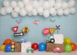 Backdrop 3d vải thun cao cấp -  birthday bóng bay trắng + phương tiện giao thông