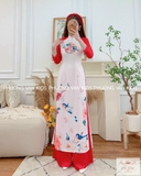 Áo dài đỏ cam lụa phối tay taffa nhũ