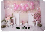 Backdrop 3d vải thun cao cấp -  birthday bóng bay hồng trắng 1y