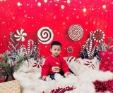Backdrop 3d vải thun cao cấp - Xmas nền đỏ cây kẹo