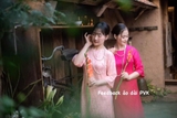 Áo dài gấm hồng phấn dáng suông
