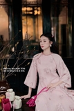 Áo dài tơ hồng đỗ thêu 4 tà