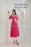Áo dài taffa cổ yếm hồng sen đính kết thủ công