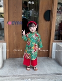 Áo dài linen con công xanh kèm bờm