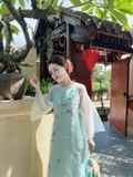 Bộ áo dài tơ xanh thêu hoa