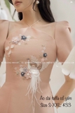 Áo dài taffa cổ yếm hồng đính kết thủ công