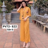 Bộ lụa cổ V vàng thêu hoa S