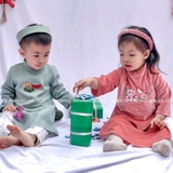 Áo dài bé trai nhung xanh mint thêu trống lân + kèm quần, mấn
