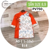 Áo dài taffa đỏ in tranh đông hồ - 8y