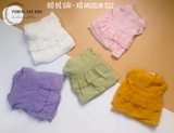Bộ bé gái áo bèo xô muslin organic vàng