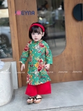 Áo dài linen con công xanh kèm bờm