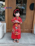Áo dài linen con công đỏ kèm bờm