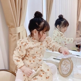 Aó dài nhung tăm hoa nhí màu be kèm mấn + vòng ngọc