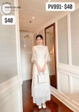 Aó dài tơ trắng 4 tà kết kim sa