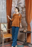 Bộ bà ba lụa ngọc trai nâu thêu hoa