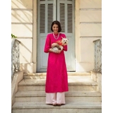 Áo dài gấm tơ hồng sen cổ tròn