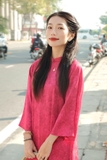 Áo dài gấm hồng hàng thiết kế cao cấp