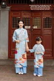 Áo dài gấm xanh mẹ + bé gái