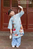 Áo dài gấm xanh mẹ + bé gái