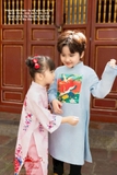 Áo dài gấm hồng + xanh gia đình
