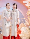 Áo dài tơ kem thêu hoa 4 tà