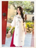 Áo dài tơ kem thêu hoa 4 tà