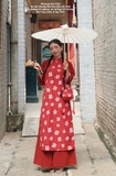 Áo dài nhung hoa đào - hàng thiết kế cao cấp