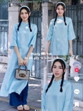 Áo daì gấm đồng xu xanh dương