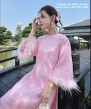 Áo dài tơ ren hồng tay lông 4 tà