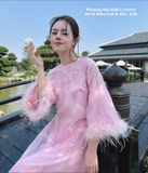 Áo dài tơ ren hồng tay lông 4 tà