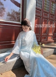 Áo dài tơ xanh thêu hoa nguyên tà