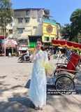 Áo dài tơ xanh thêu hoa nguyên tà