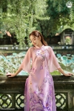 Áo dài tơ tím kết hoa 4 tà