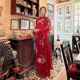 Áo dài tơ đỏ thêu nguyên tà