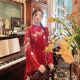 Áo dài tơ đỏ thêu nguyên tà