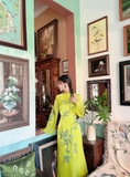 Áo dài tơ xanh thêu nguyên tà
