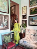 Áo dài tơ xanh thêu nguyên tà