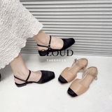 Giày Sandal bệt bít mũi vuông quai mảnh da phối satin