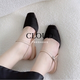 Giày Sandal bệt bít mũi vuông quai mảnh da phối satin