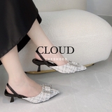 Giày cao gót mũi nhọn tweed đính khoá đá