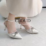 Giày cao gót mũi nhọn đính nơ đá quai hậu