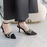 Giày cao gót mũi nhọn đính nơ đá quai hậu