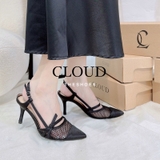 Giày cao gót mũi nhọn đính nơ phối lưới