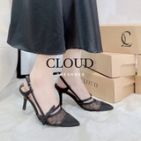 Giày cao gót mũi nhọn đính nơ phối lưới