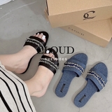 Dép bệt mũi tròn quai đính viền chỉ tua