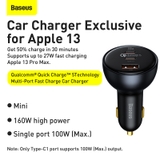 Tẩu Sạc Nhanh Công Suất Cao 160W Baseus Multi-Port Fast Charge Car Tặng Kèm Cáp C to C 100W (Quick Charge™ 5)