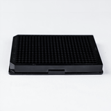 384-well cell culture plate, black plate on black background, with lid